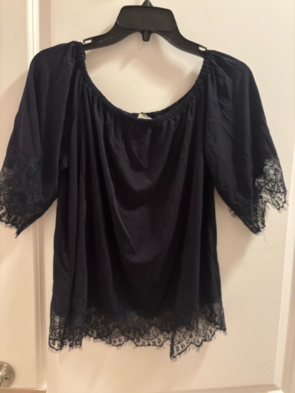 Banana Republic Navy Off-the-Shoulder Lace Trim Blouse